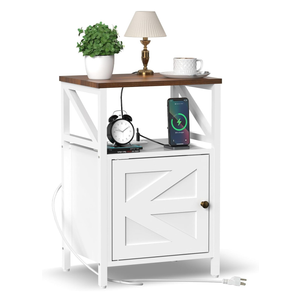 Farmhouse Side Table with Charging Station -3-Tier USB Ports & Outlets End Table, Compact Bedside Storage Table for Small Spaces, Multi-Functional Accent Table for Bedroom, Living Room, Couch Entryway