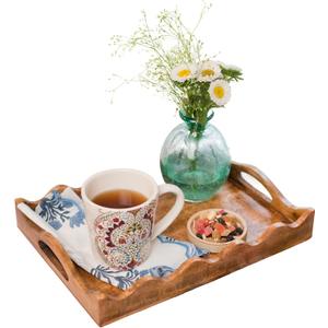 Mela Artisans 16 x 12 x 2.5 Mango Wood Serving Tray with Handles Ottoman Scalloped White Burnt Large Handcrafted Wooden Serving Board for Breakfast, Coffee & Home Dcor