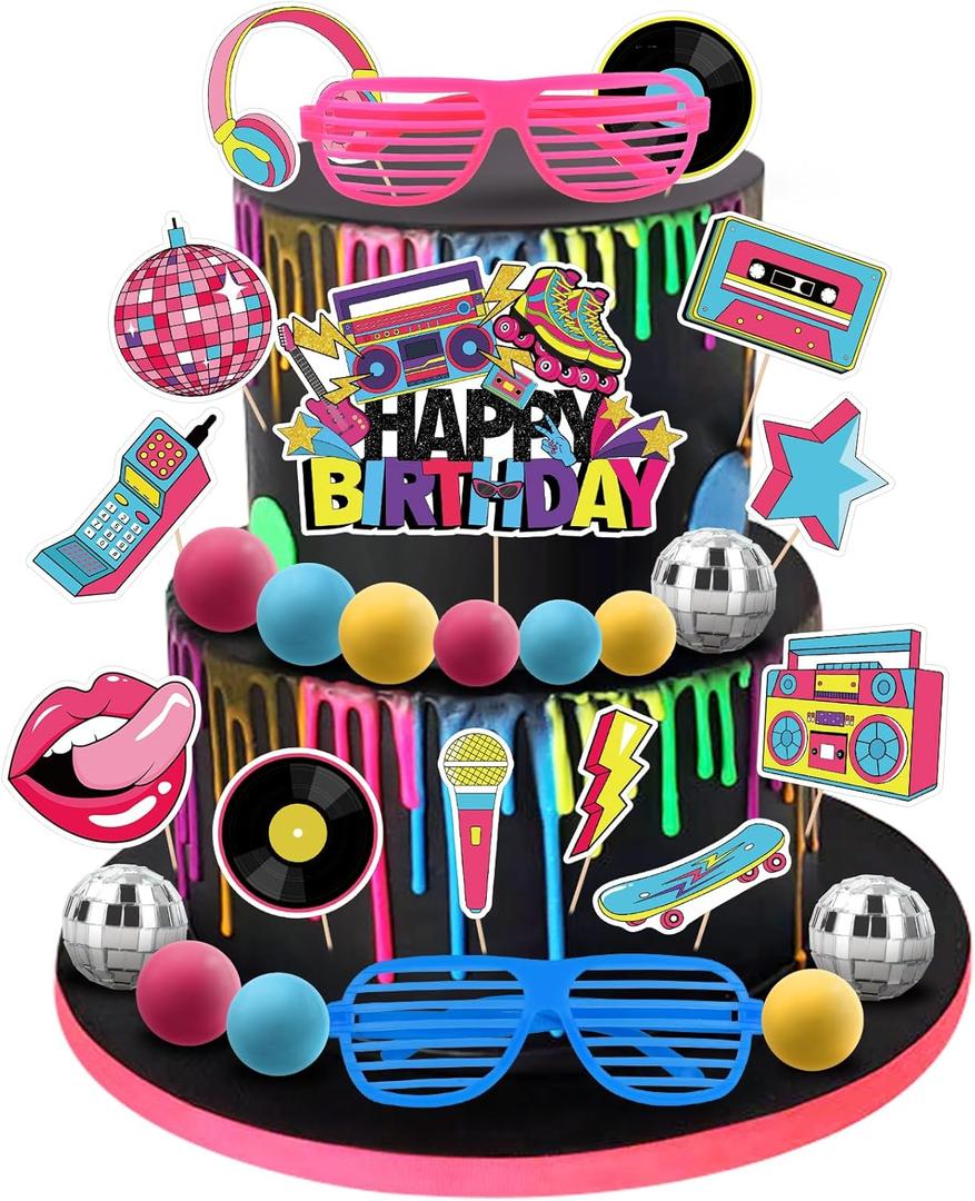 80s Cake Decorations 27PCS 90s Cake Topper Retro Hip Hop Cakes Decorations 1980s Disco Ball Cakes Toppers for 80s 90s Party Decorations