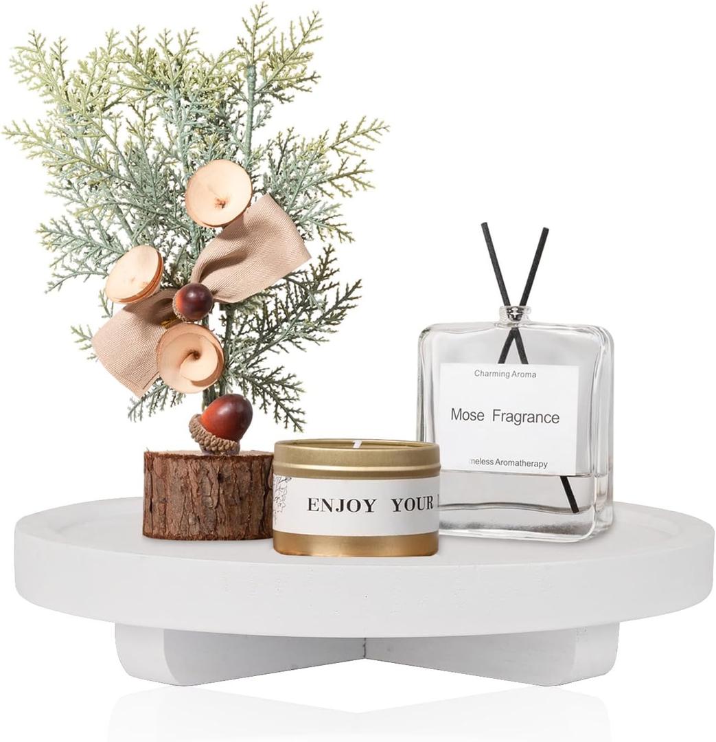 Round Decorative Tray Wood Bathroom Counter Organizer Farmhouse Kitchen Decor Wooden Riser for Soap Dish, Perfume, Candle, Sponge, 8" - White