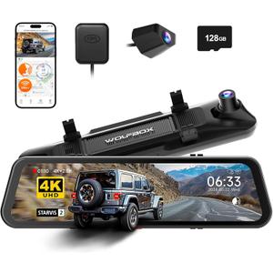 WOLFBOX G900 PRO Mirror Dash Cam with 8MP STARVIS IMX678, 12 inches Rear View Mirror Camera with Front 4K and Rear 2.5K, Included 128GB Card, Voice Control, 5.8GHz WiFi, Loop Recording, G-Sensor & GPS