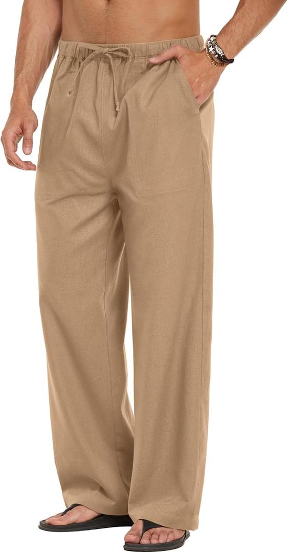 COOFANDY Men's Linen Pant Elastic Waist Linen Pants Drawstring Summer Beach Pant (Medium, B- Dark Khaki)
