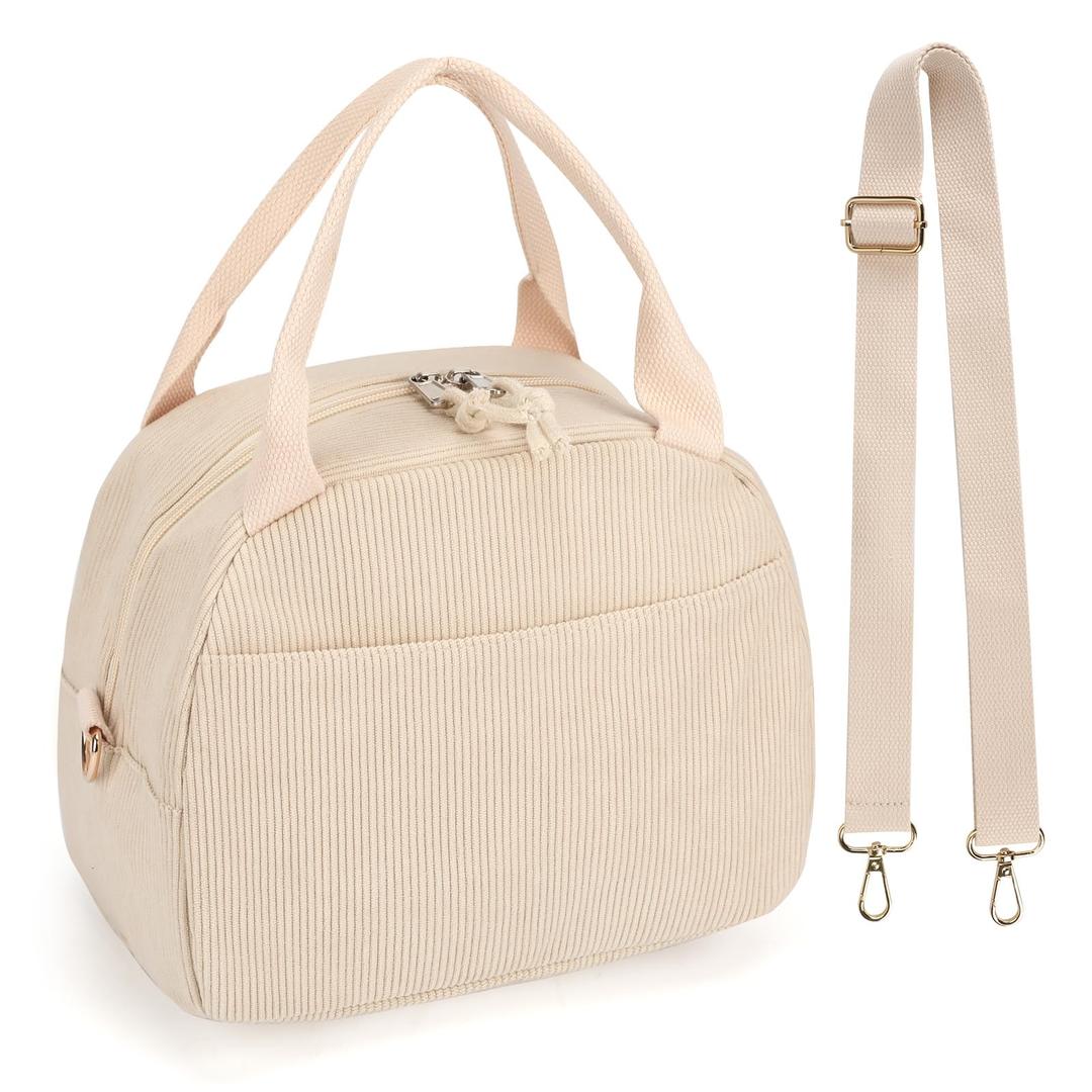 Lunch Bag Women with Shoulder Strap【Large Capacity】【Strengthen Insulation】【Durable ＆ Waterproof】 Corduroy Lunch Tote Bag, Reusable Insulated Lunch Box/Cooler for Women/Girl/Men, Beige+Sticker