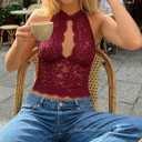 Women Lace Tank Tops Y2K Halter Neck Keyhole Top Sheer Mesh Cutout Crop Camisole Floral Lace Summer Going Out (Red, S)