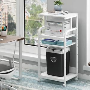 Fannova 4 Tier White Printer Stand Table with Adjustable Shelves, Movable Printer Shredder Stand with Wheels for Home Office Storage and Organization, Rolling Cart for Computer Tower CPU
