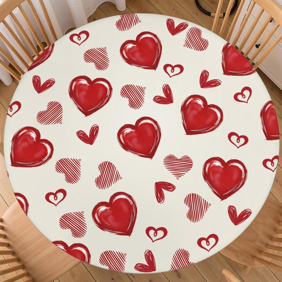 Valentines Day Round Tablecloth Fitted Best for 40"-44" Beige Red Heart Table Cloth Vintage Elastic Edge Water-Resistant Washable Love Decoration Table Cover for Party Picnic Indoor Decor