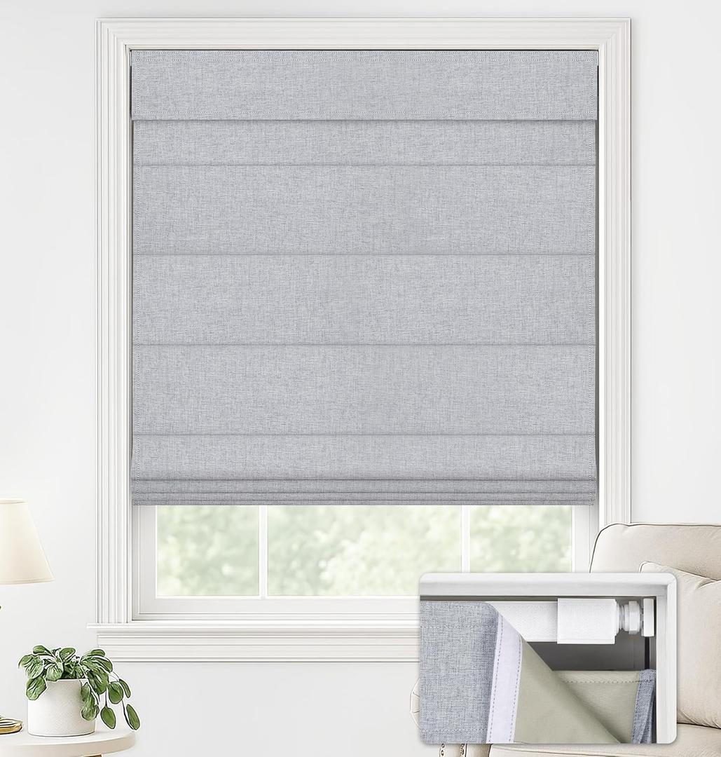 LazBlinds No Drill Roman Shades for Windows, Cordless Blackout Window Shades with UV Protection, Polyester Fabric for Bedroom & Living Room, 33" W x 64" H, Grey