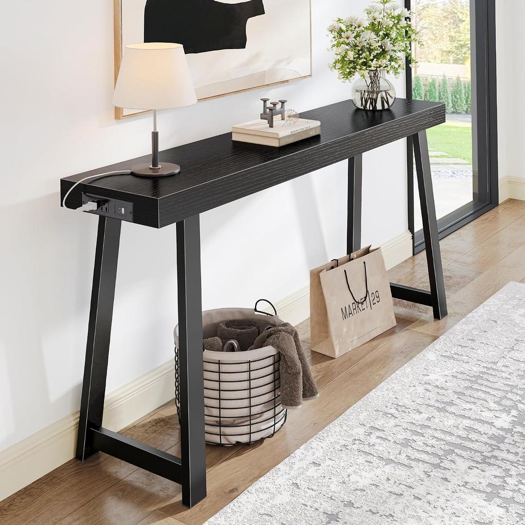 Huuger Entryway Console Table with Charging Station, USB-C Port, 53.9 Inch Sofa Table with Metal Legs, Entry Hallway Table with Deeper Desktop, Modern Behind Couch Table, Black