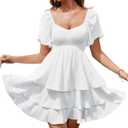 Florboom Women's Sweetheart Neckline Chiffon Dress Boho Smocked Tiered Flutter Sleeve Layered Mini Dresses (White, M)