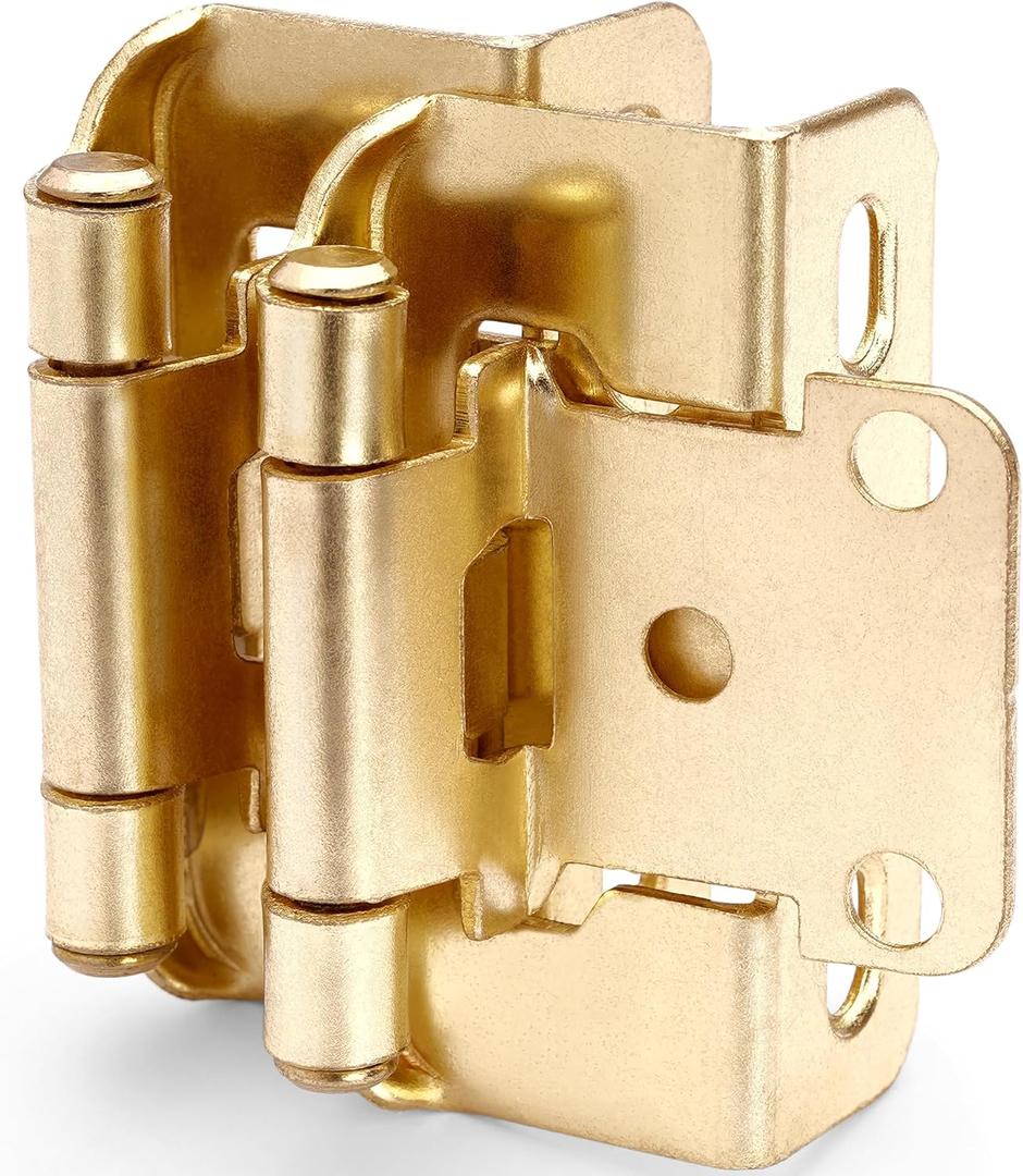 DecoBasics 20 Pack 1/2" Overlay Brushed Gold Cabinet Hinges for Cabint Doors (10 Pairs)  Self-Closing Partial Wrap Semi-Concealed Face Frame Hinge for Kitchen Doors w/Screws & Quiet Bumpers (Brass Plated)