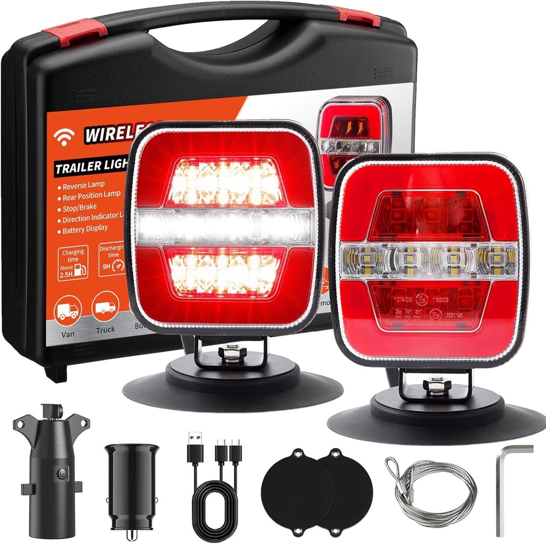 Wireless Trailer Lights Magnetic, Rechargeable Magnetic LED Tow Light with 2 Mounting Options, 110° Adjustable Wireless Towing Tail Light Kit for Car, Truck, Boat, RV, Vehicle, Caravan, Camper