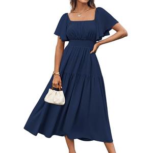 GRACE KARIN Women's Summer Ruffle Sleeve Smocked Dress Square Neck Flowy Tiered Midi Dresses Navy S