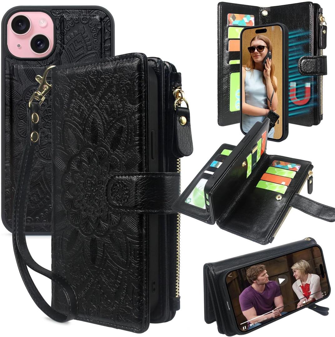 Harryshell Compatible with iPhone 14 / iPhone 13 6.1 inch 5G Wallet Case Detachable Magnetic Cover Zipper Cash Pocket Multi Card Slots Holder Wrist Strap Lanyard Floral Flower (Black)