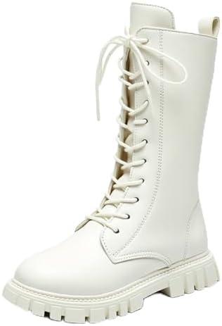 Girls Lace Up Mid Calf Combat Boots Fashion Round Toe Side Zipper Lug Sole Punk Goth Boot For Toddler Little Kid Big Kid (2, White)