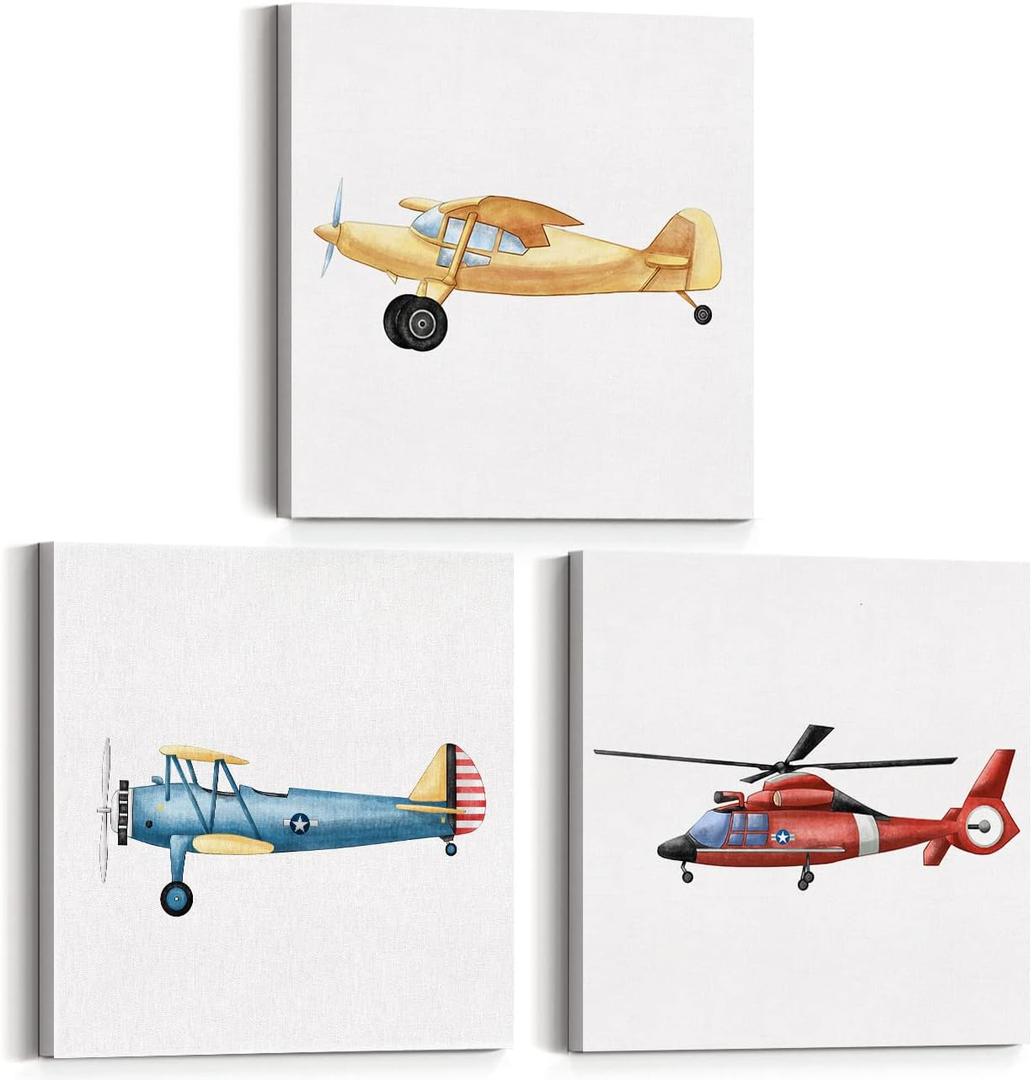 Set of 3 Airplane Nursery Transportation Framed Wall Art Aviation Decor Watercolor Vintage Plane Aircraft Canvas Paintings Prints Posters for Home Kids Toddler Boys Bedroom, 12x12 Inch