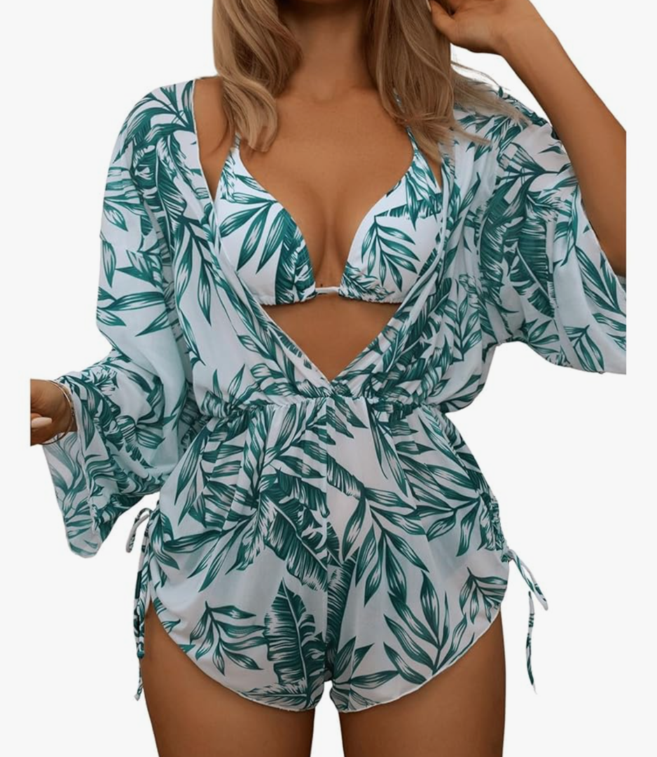 COZYEASE Women's 2025 Summer 3 Piece Swimsuits Tropical Print Bikini Set Halter Drawstring Bathing Suits with Cover Up XL
