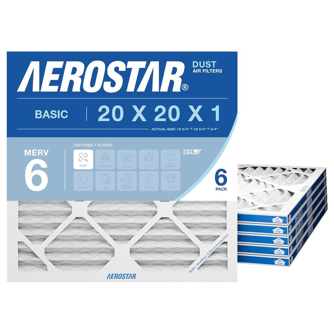 Aerostar 20x20x1 MERV 6 Air Filter, 6 Count, Actual Size (19.75 x 19.75 x 0.75), HVAC, Air Conditioning & Furnace Filter for Dust, Lint & Pollen Control (MPR 300 / FPR 3), Made in USA
