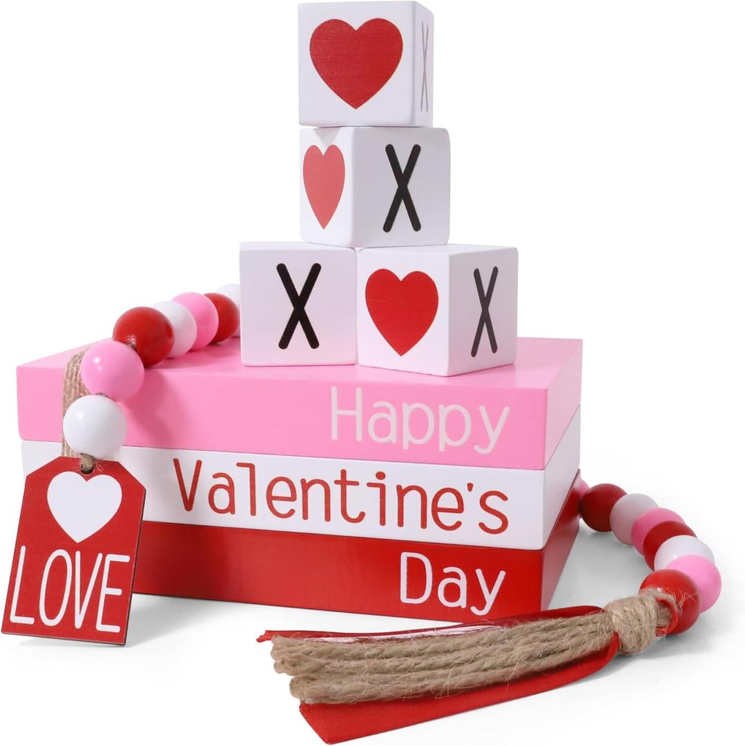Valentine's Day Decoration, Valentines Wood Book Stack with 4 XOXO Signs & Beads Garland, Valentines Table Decor for Home Kitchen Mantel Shelf Valentines Tiered Tray