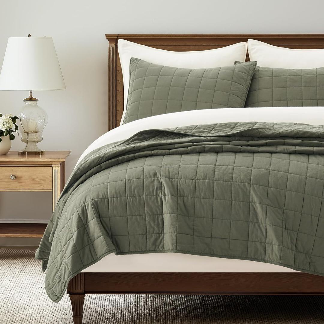 EVERGRACEHOME 100% Cotton Box Stitch Quilt Bedding Set King Size 3 Pieces, Garment-Washed Lightweight Soft Cozy Coverlet, Oversized Quilted Bedspread Sets with 2 Shams for All Season, Olive Green
