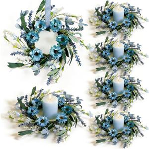 6 Pcs Small Blue Daisy Flower Candle Rings Wreaths Mini Pillar Candle Holder Wreath with White Floral Eucalyptus Leaves Lavender Artificial Spring Grains Wreath for Home Kitchen Table Cnterpieces