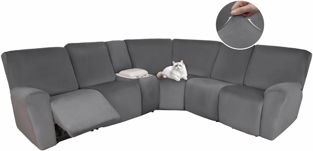 HDCAXKJ Reclining Sectional Couch Covers Velvet L Shaped Sectional Sofa Cover Washable Stretch Soft Corner Recliner Slipcover with Non-Slip Elastic Bottom (5 Seat and 1 Middle Console, Dark Gray)
