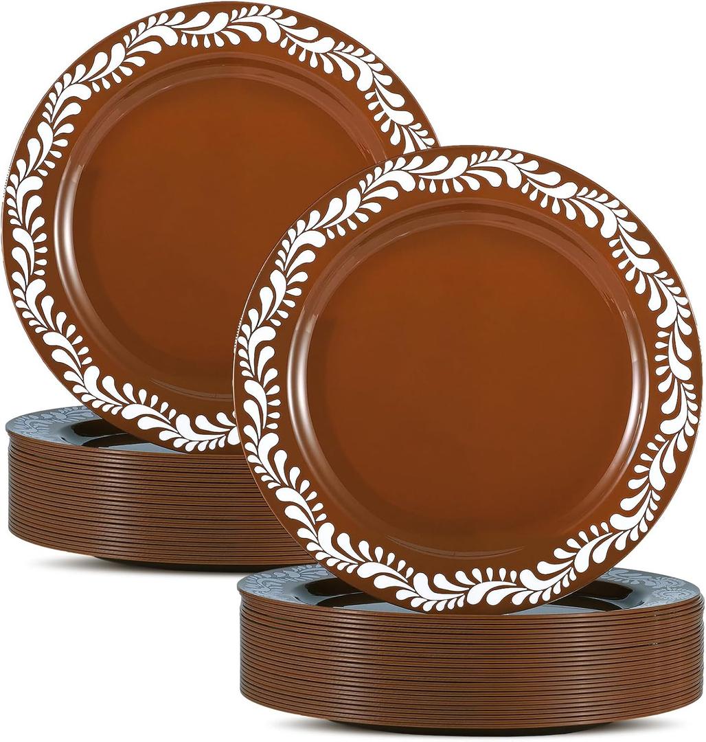 Yungyan 50 Pcs Mexican Plastic Plates 7.5 Inch Dessert Plate Cielito Lindo Party Platos De Barro Brown Cake Plates Bulk for Mexican Themed Holiday Party Wedding Showers Supplies