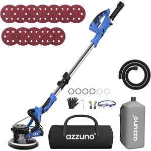 Drywall Sander with Vacuum Dust Collection, AZZUNO 12A Popcorn Ceiling Removal Tool with 5 Variable Speed 800-1900RPM, LED Light, Foldable & Extendable Handle, 12pcs Sanding Discs (Blue)