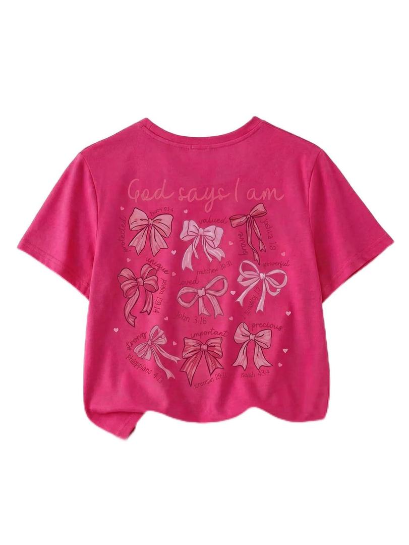 SOLY HUX Girl's Summer Short Sleeve Bow Graphic Tee Shirts Hot Pink (Pink)