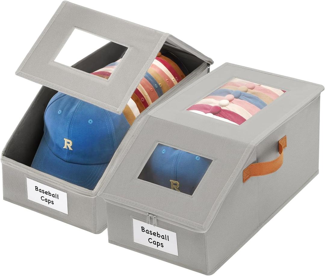 2 Pcs Extra Large Hat Organizer & Storage Box for Baseball Cap with Dual Clear Windows Dust-Proof Double Zipper, Stackable Design & Sturdy Handles for Closet, Grey
