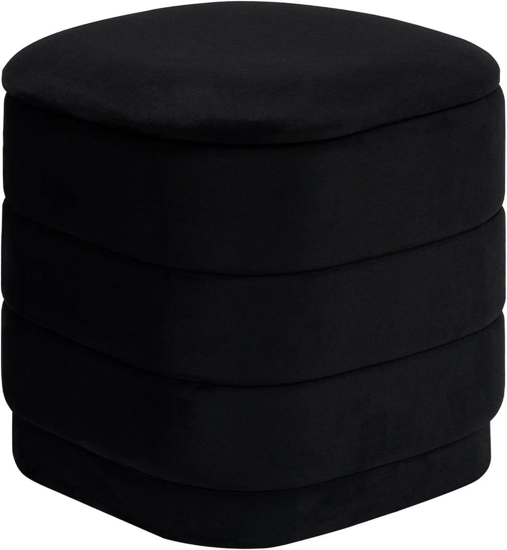 15" Velvet Storage Ottoman with Tray, Foldable Square Ottoman Footrest with Reversible Wood Lid, Collapsible Storage Footstool for Bedroom, Living Room, Dorm, Black