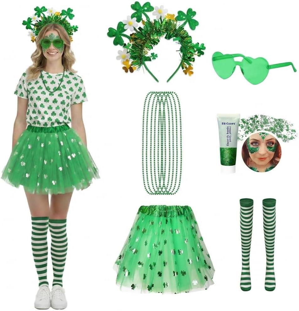 St Patrick's Day Costume Set with Green Tutu, Knee High Socks Body Glitter for Women Party Accessories