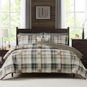 MaiRêve Queen Comforter Set, Plaid Design Comforter Set 7 Pieces, All Season Comfortable Bedding Sets Queen, Lightweight, Warm and Breathable (Khaki, 90"x90")