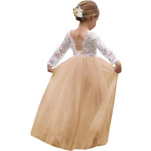 Topmaker Flower Girl Dress for Toddler Baby Girls,Lace Tulle Dress for Wedding,Birthday Party,Photoshoot,Special Occasion (3-4T, Sleeve-champagne)