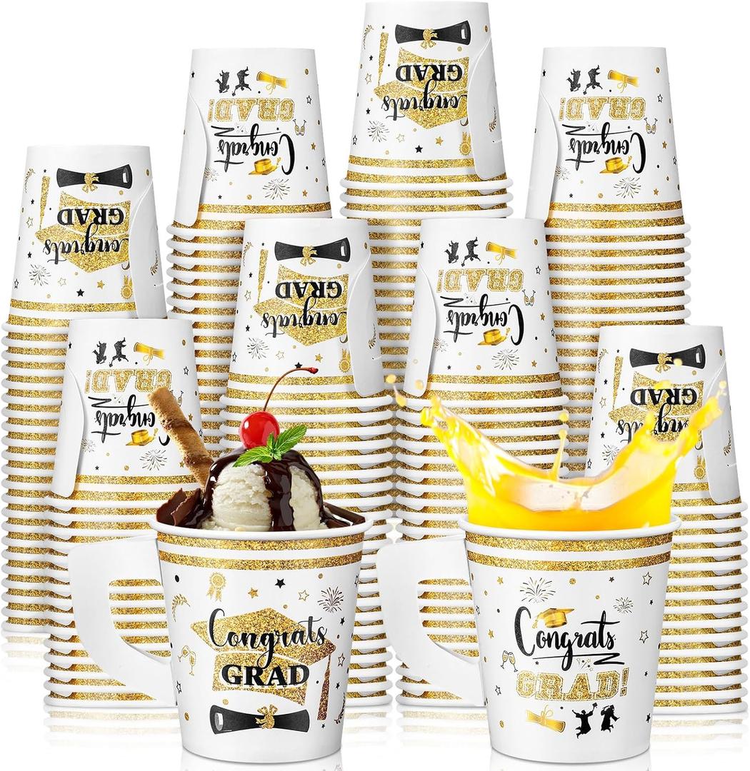 Maxcheck 75 Pcs Graduation Decorations 7 oz Ice Cream Paper Cups with Handles Bulk Congrats Grad Disposable Class of 2026 Cold Chocolate Beverage Tea Coffee Cups for Holiday Party Supplies(White)