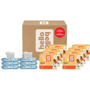 Hello Bello Mega Surprise Pack, Size 4 (22-37 lbs), 168ct Hypoallergenic Assorted Diapers with a Soft, Cloth-Like Feel Plus 360 Ultra Gentle Unscented Baby Wipes in 6 Resealable Packs (Multi-color)
