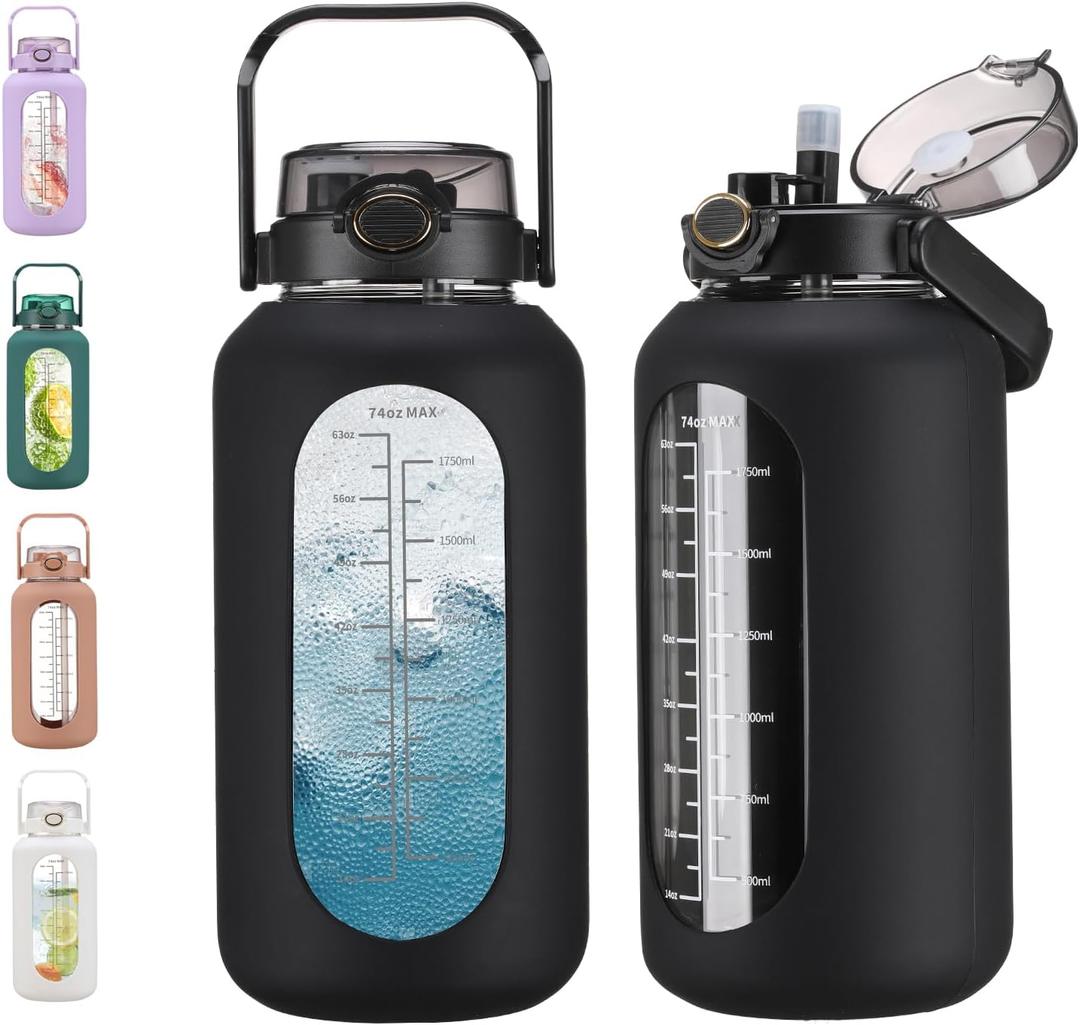 Chunmo 74 oz Glass Water Bolttles with Straw Large Motivational Water Bottle with Time Marker Sports Water Bottles with Silicone Sleeve and Handle Lid 2.2L Water Jug for Gym Workout (Black)