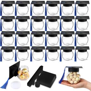 Teenyyou 24 Pcs Blue 2026 Graduation Cap Candy Jars Graduation Party Favors Candy Containers Bulk Grad Cap Box Jars Container with Tassels for DIY Table Party Supply Gifts
