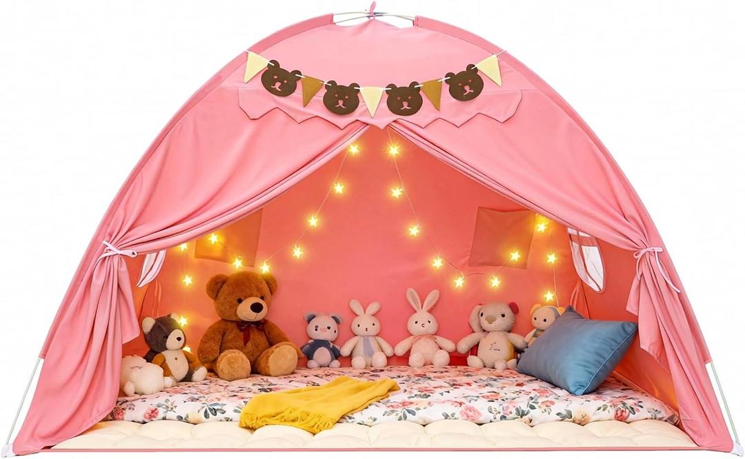 Full Size Bed Tent for Kids, Girls Bed Tent Canopy Dream Playhouse Breathable Sleeping Tent Privacy Space Pink Tent with Stars Light & Flags, Toddler Indoor Floor Play Tent, Birthday Children's Gift, 77x55x52"