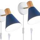 Vechoicy Plug in Wall Sconces Lighting Fixture Pack of 2, Wooden Adjustable Bedside Wall lamp for Industrial Bedroom, Living Room Bathroom Sink Lighting (2, Blue)