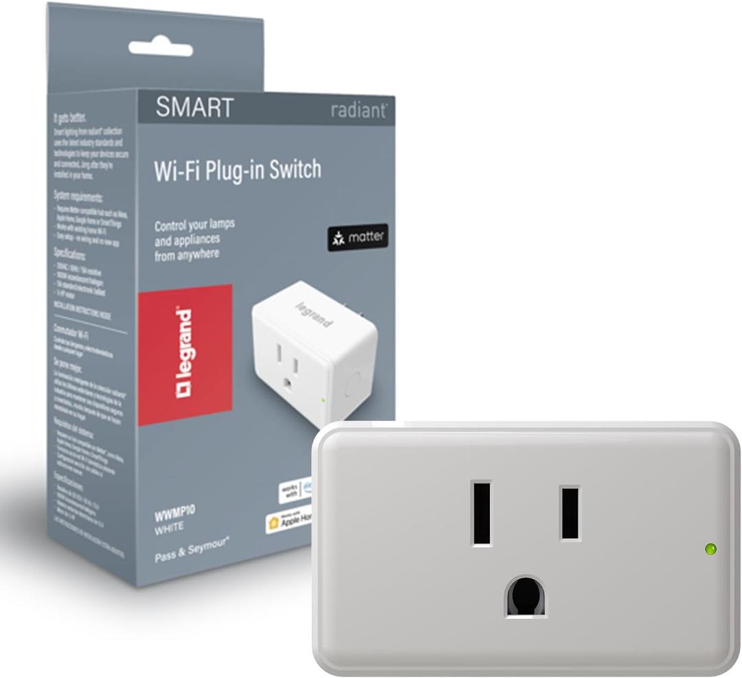 Legrand Radiant Wi-Fi Matter Smart Plug Matter Hub Required 15A, Easy Setup, Enhanced Compatibility with Apple HomeKit, Google Home, Alexa & SmartThings, Easy Wi-Fi Connectivity w/Matter (1 Pack)