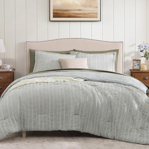 BLOOMHAVEN King Comforter Set - 7 Pieces Green Gauze Muslin Bedding Sets for All Seasons, Lightweight Breathable Bed in a Bag King with Revesible Farmhouse Comforter, Sheets, Pillowcases & Shams