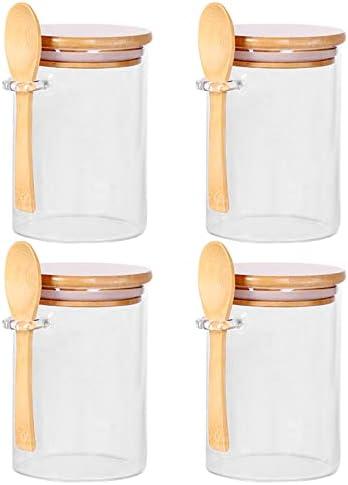 CZFWin Glass Jars with Bamboo Lids and Wooden Spoons Set of 4, Coffee Tea Sugar Container Set for Loose Tea Canister Storage, Overnight Oats Containers with Scoop for Seasoning, Coffee, Yogurt