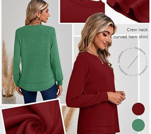 Ficerd 2 Pack Women's Long Sleeve Shirts, Cotton Crew Neck Tunic Tops Casual Loose Fit Pullover Sweatshirts Curved Hem Shirts, L