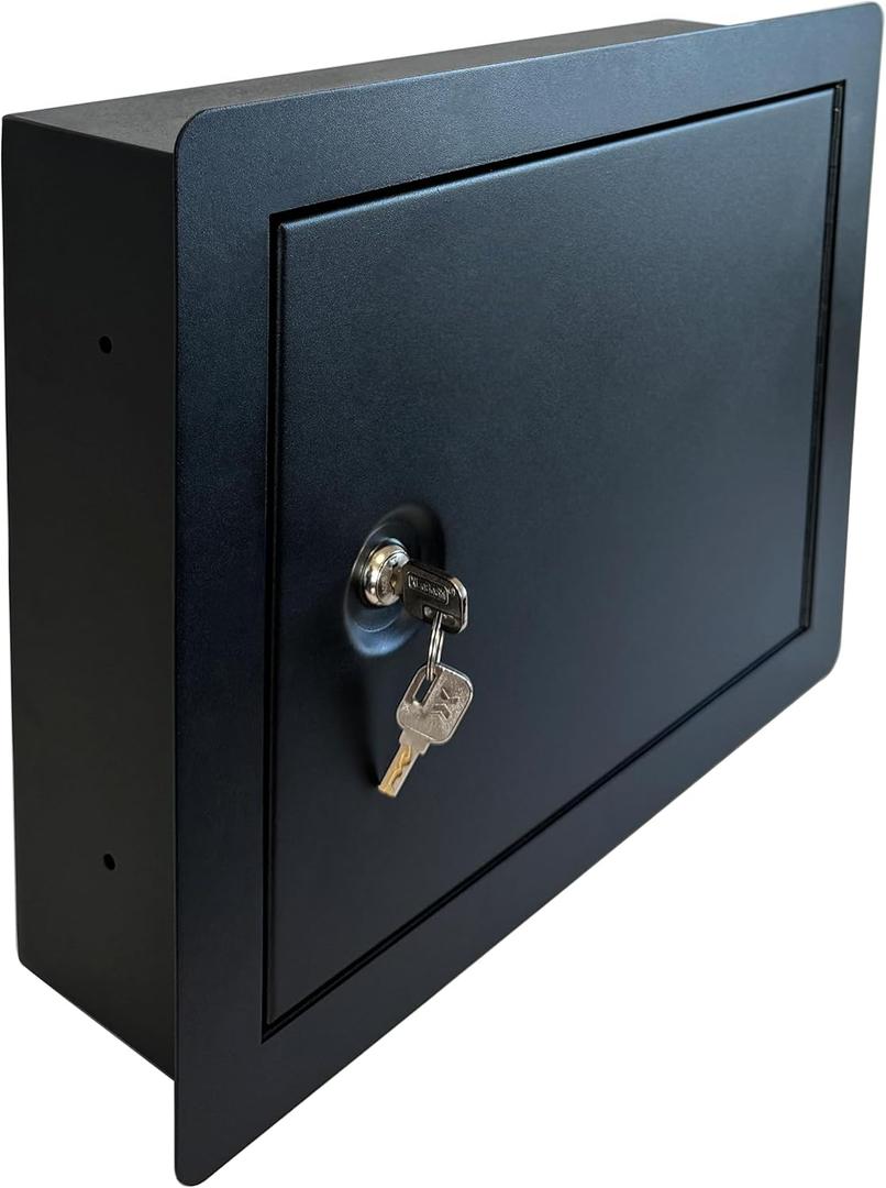 In-Wall Safe with Key Lock  Heavy-Duty Steel Lockable Hidden Wall Compartment for Secure Storage, Wall Safe Box for Jewelry, Cash, and Documents  15.75-Inch Exterior Width, Black