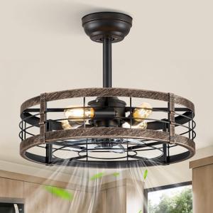 LEDIARY 20 Inch Fandelier Caged Ceiling Fan with Light, Bladeless Ceiling Fan with Remote, Small Farmhouse Fan Lights Ceiling Fixtures for Kitchen, Bedroom-Black and Gold