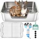 Rypet Large Rabbit Litter Box, Bunny Litter Box High Side with 304 Stainless Steel Sifting Tray, Metal Small Animal Litter Pan with Pet Food Bowl and Water Bottle, Non-Slip Easy to Clean Odor Control