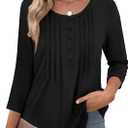 Zeagoo 3/4 Length Sleeve Womens Tops Round Neck Casual Summer Tunic Tops Basic Tees Blouses Dressy T-Shirts Pleated Shirts (Black, XXL)