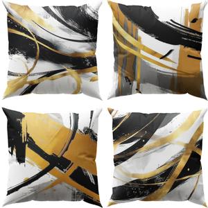 DZGlobal Black and Gold Pillows for Couch Abstract Throw Pillow Covers 20x20 Modern Striped Cushion Covers Black White and Gold Living Room Decor Sofa Bed Decorative Pillows Cases Set of 4