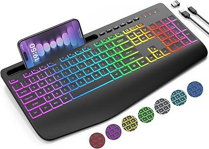 Wireless Keyboard with 8 Colored, 9 Effects Backlits, Wrist Rest, Phone Holder, Rechargeable Ergonomic Computer Keyboard with Silent Keys, 2.4G Lag-Free Cordless Set for PC, Laptop, Windows, MacBook