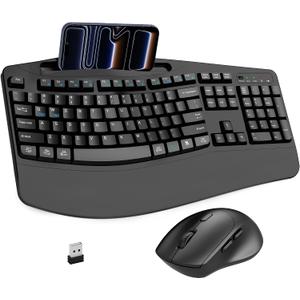 Wireless Keyboard and Mouse Combo, 2.4G Full Size Wave Keys Ergonomic Keyboard with Wrist Rest, Phone Holder, 3-Level DPI Wireless Silent Mouse with 6-Buttons, for Windows, Mac OS, Laptop, PC (Black)